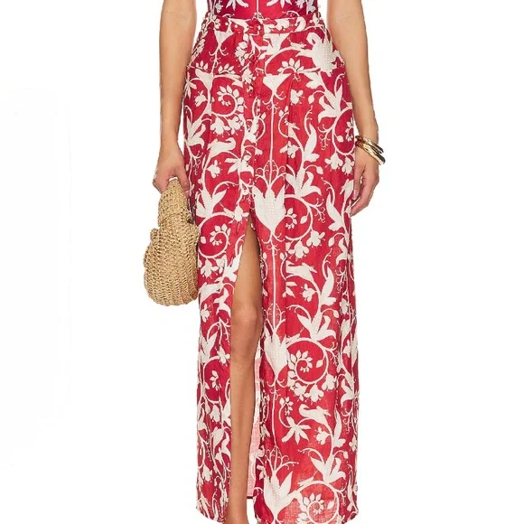 Agua by Agua Bendita Coralina Maiz Linen Skirt With Faux Pearls Sz M - Picture 1 of 10